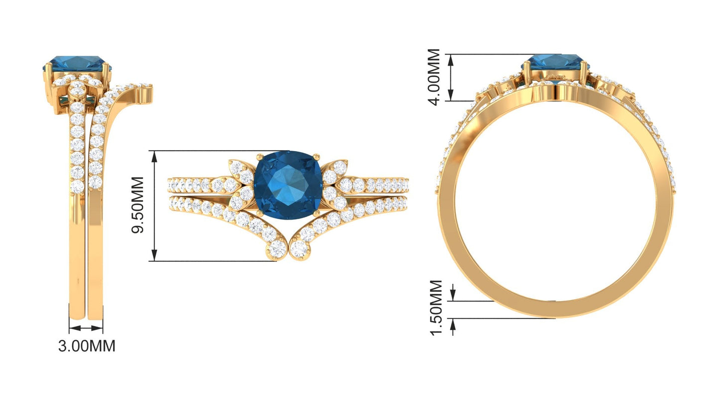 Cushion Cut London Blue Topaz Designer Wedding Ring Set with Diamond Band