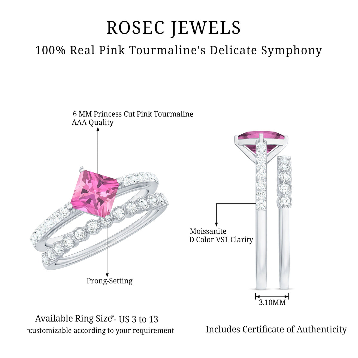 1 Carat Princess Cut Pink Tourmaline Ring with Diamond Wedding Band