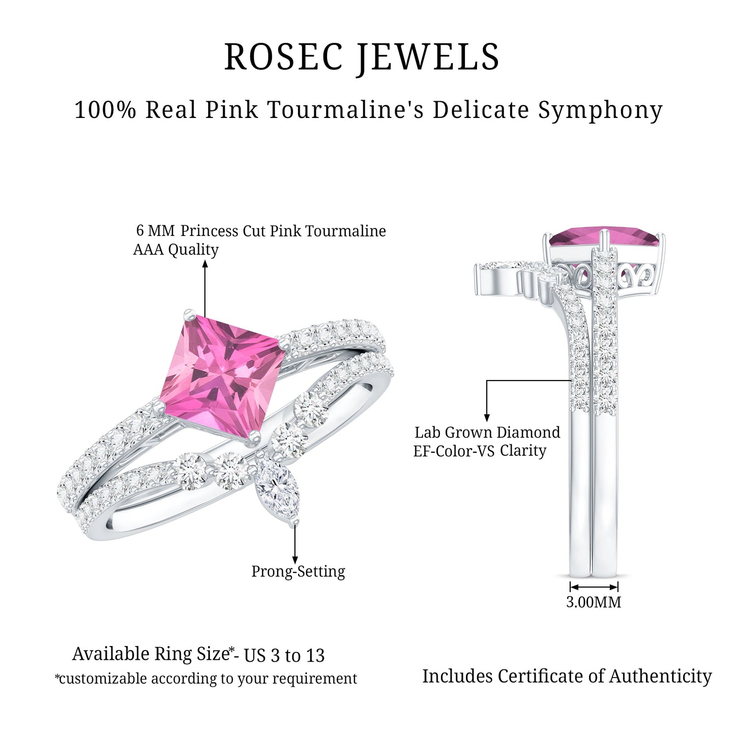 Set de anillo de boda para mujer de turmalina rosa talla princesa de 1 quilate y diamantes