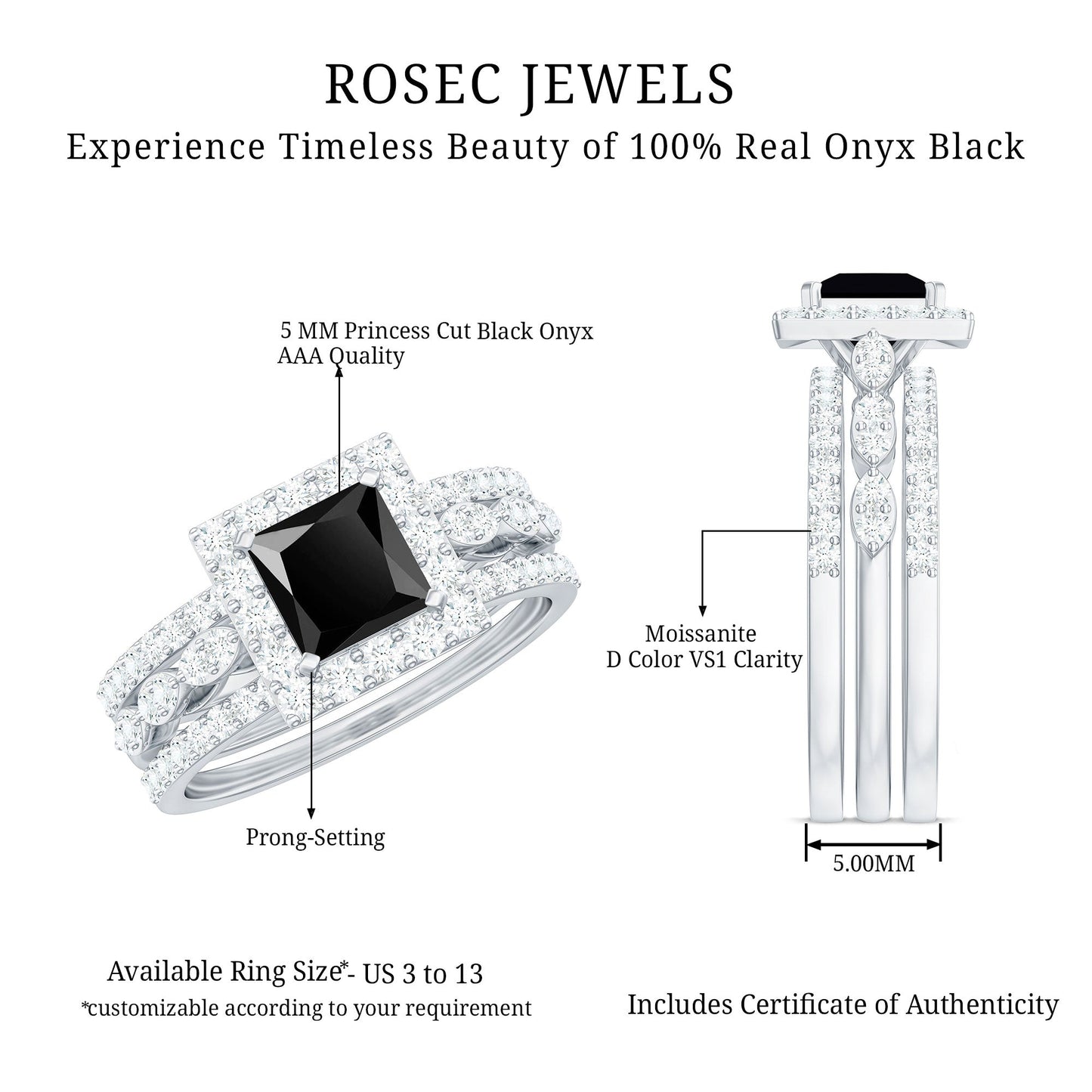 Juego de anillos de boda de ónix negro y moissanita corte princesa