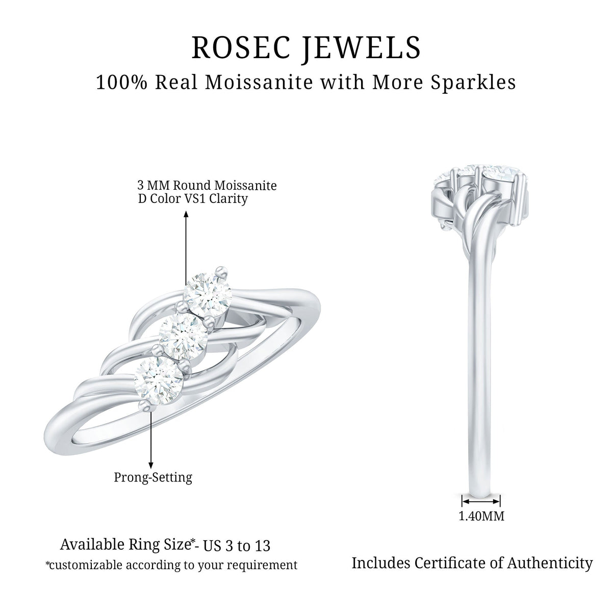Certified Round Moissanite Three Stone Engagement Ring