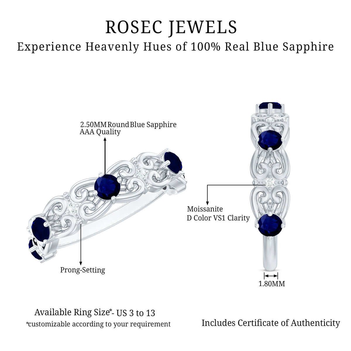 Blue Sapphire and Diamond Vintage Half Eternity Wedding Band