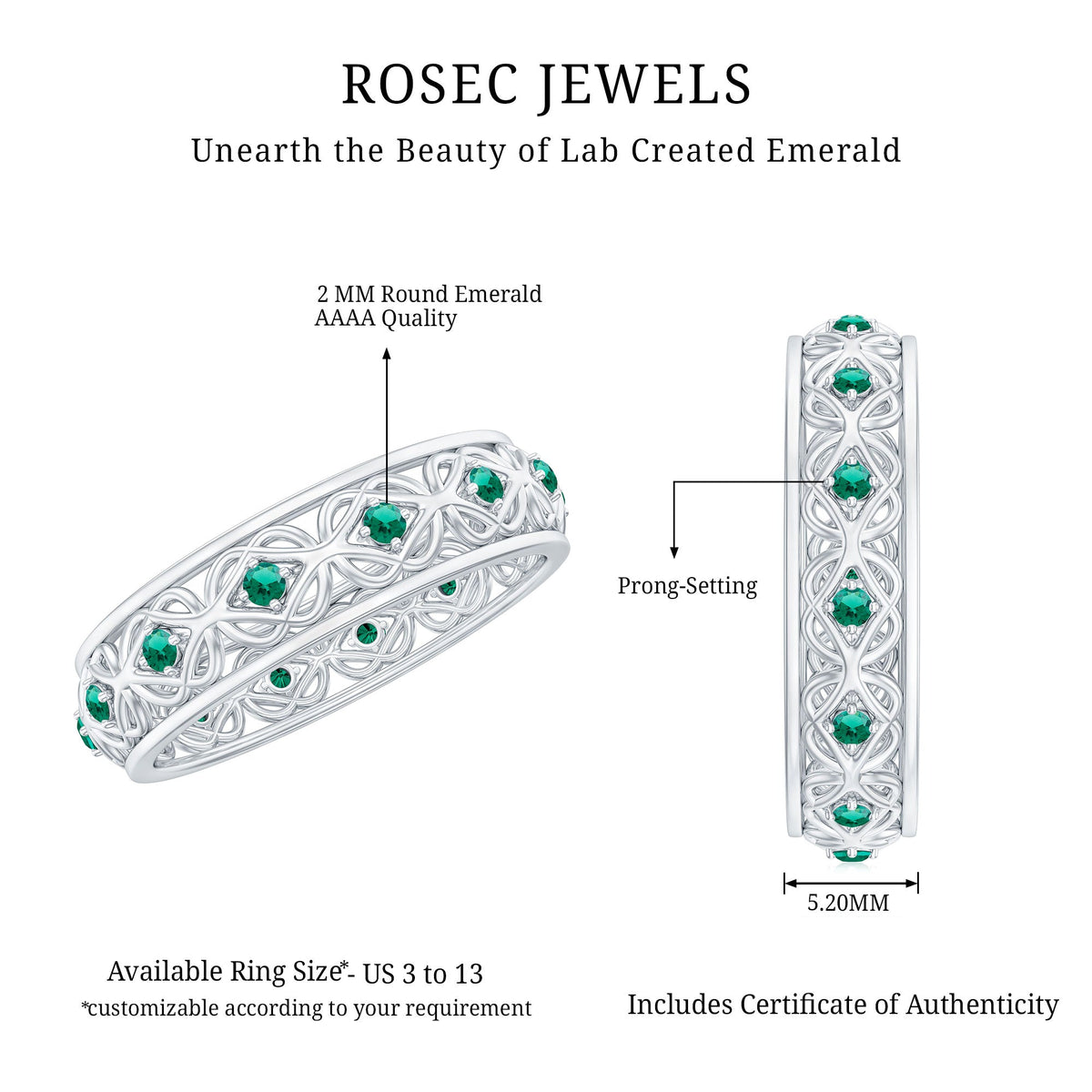 Vintage Looking Lab Grown Emerald Wedding Band for Women