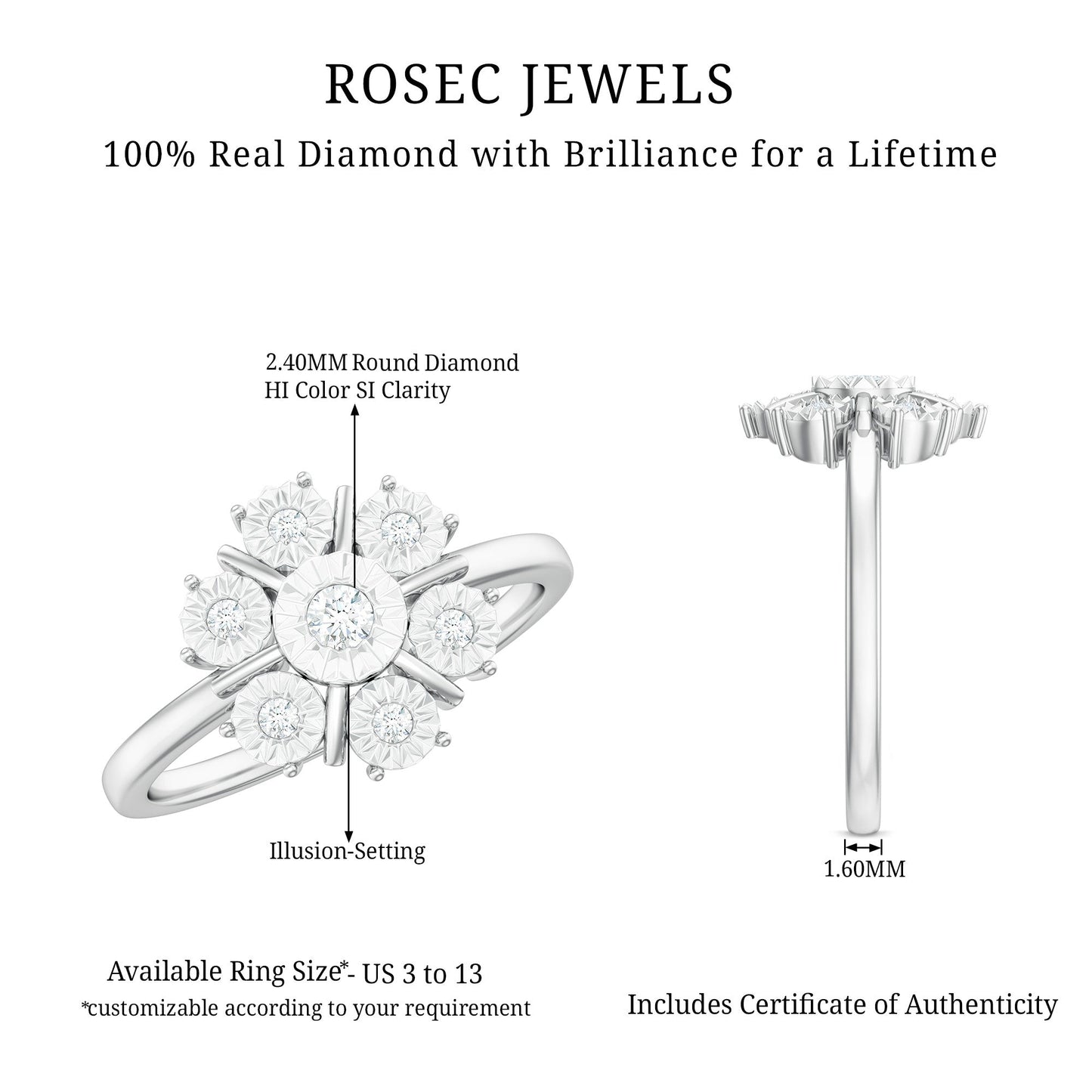Anillo de compromiso de diamantes naturales en racimo con montura de ilusión