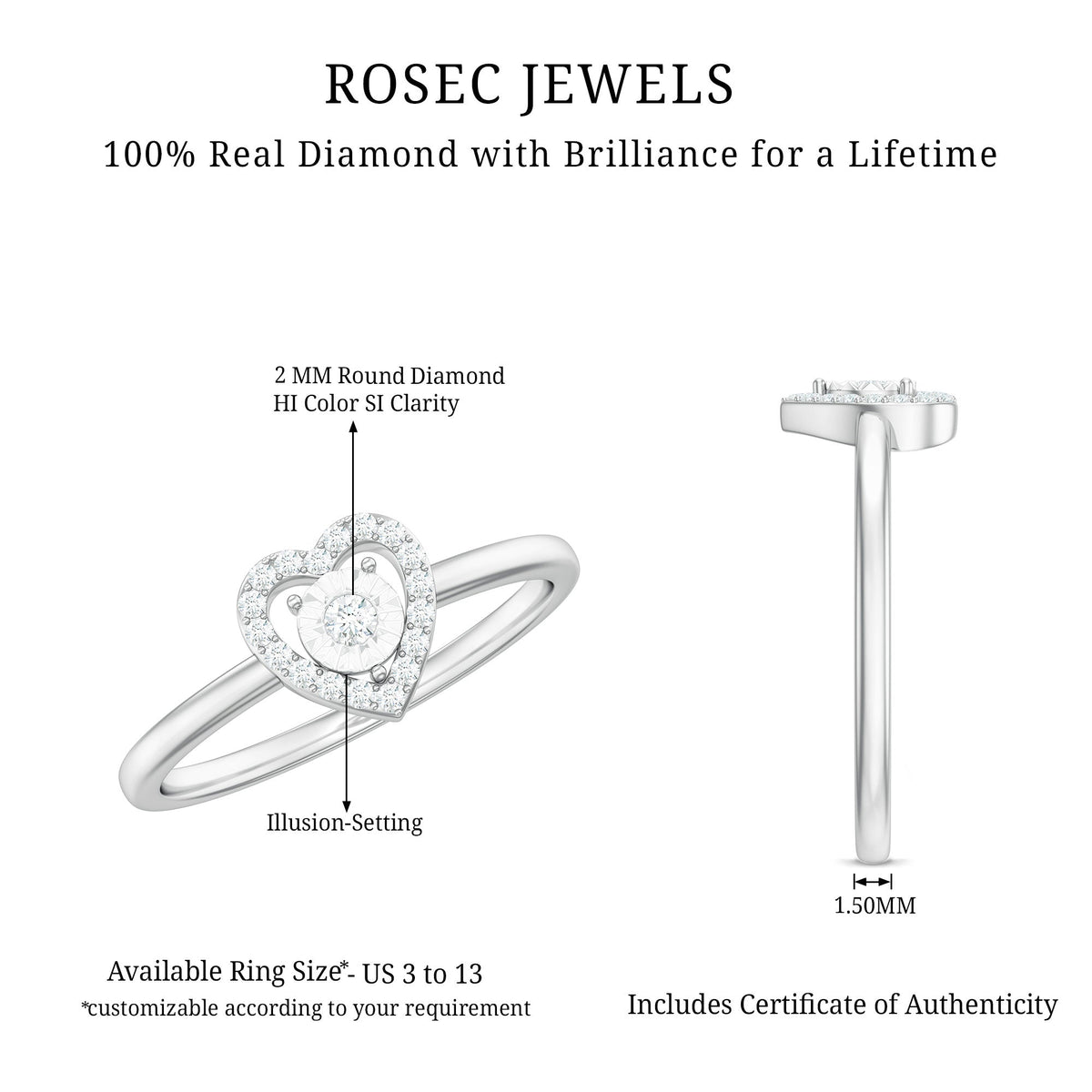 Anillo de Compromiso de Corazón de Diamante Auténtico Certificado