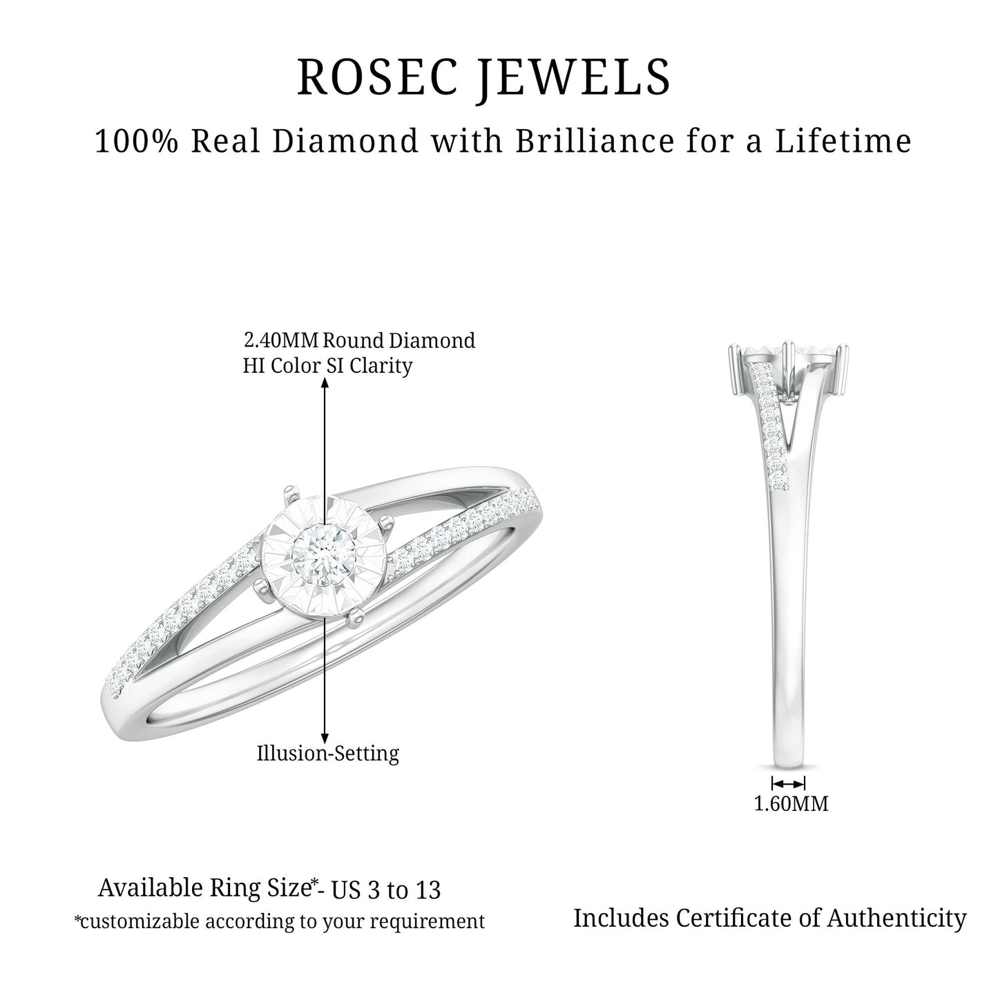 Anillo de compromiso de diamante natural con vástago dividido