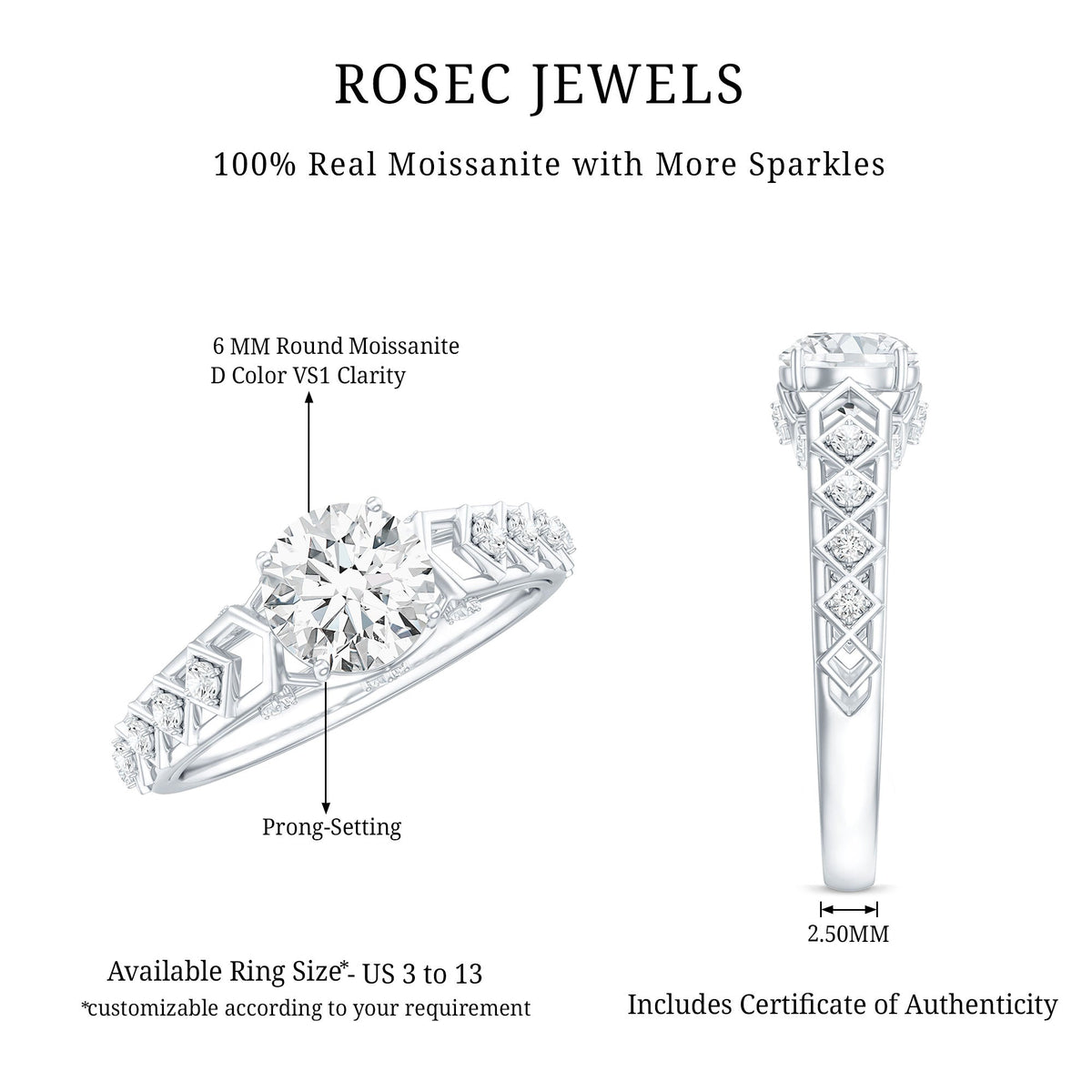 Anillo de compromiso art déco con moissanita certificada de talla redonda