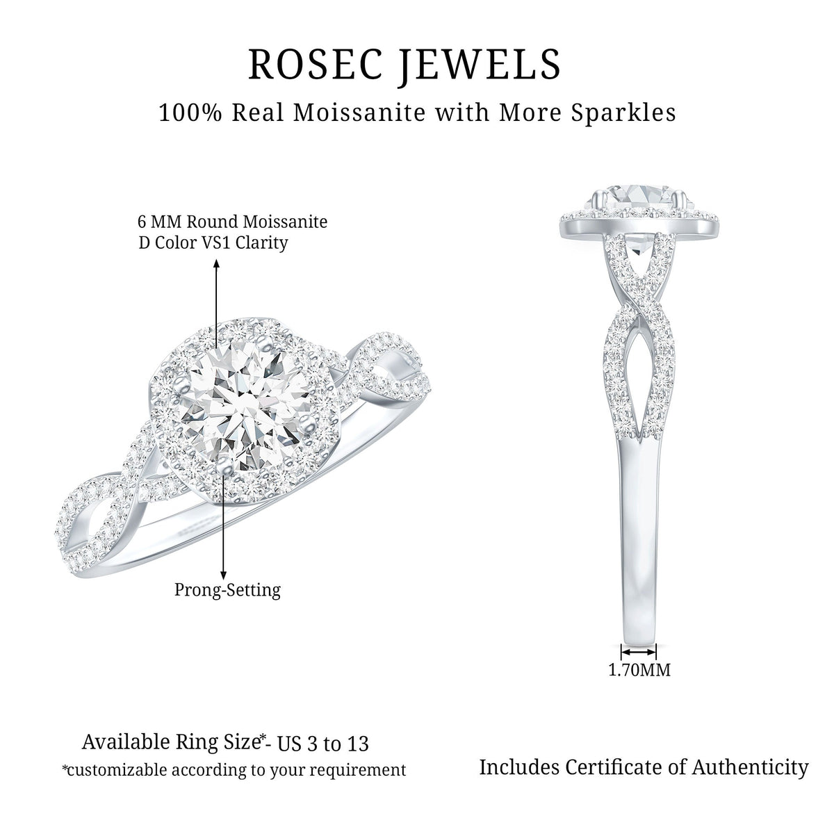 Certified Moissanite Halo Engagement Ring with Criss Cross Shank