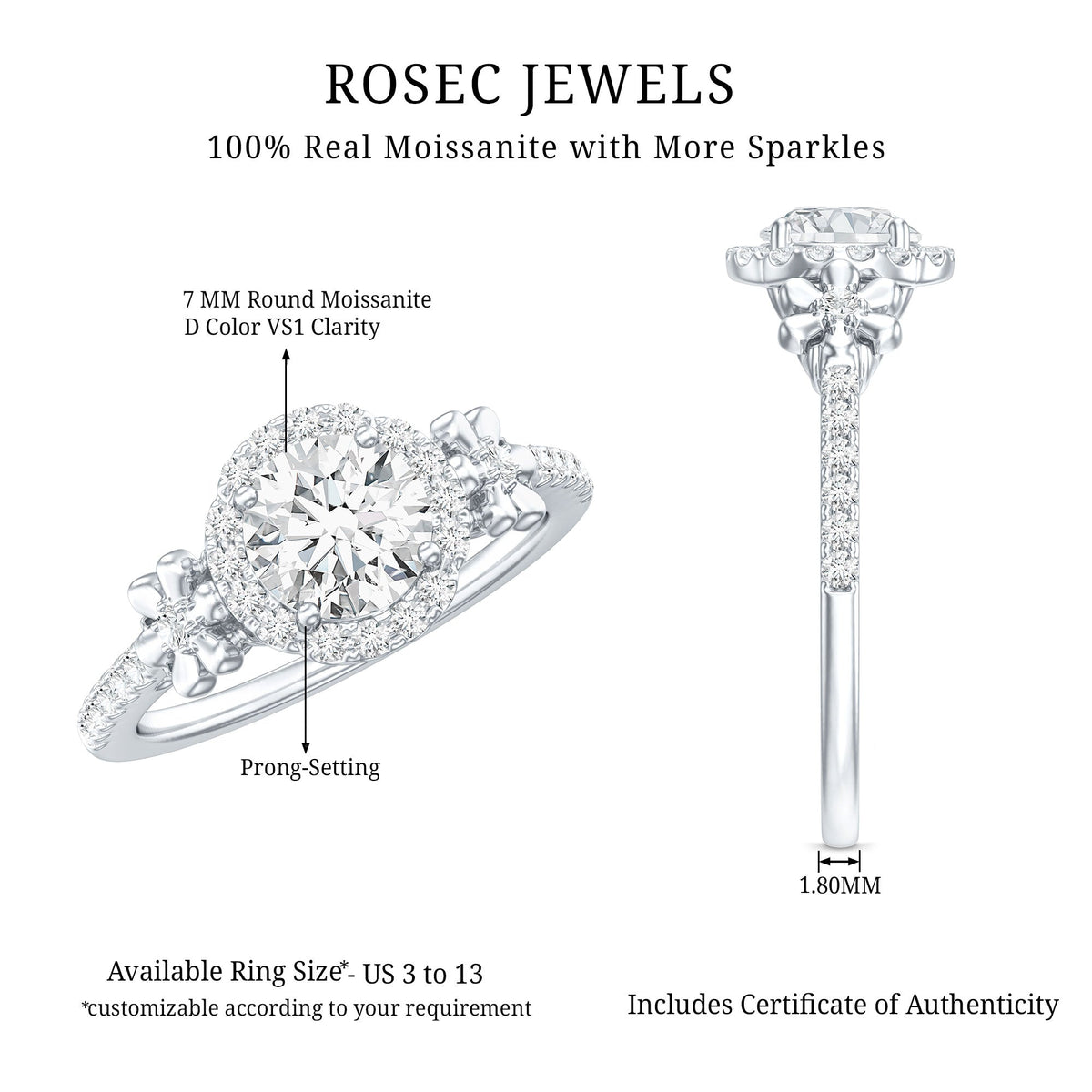 Certified 1.3 Carat Moissanite Floral Engagement Ring for Women