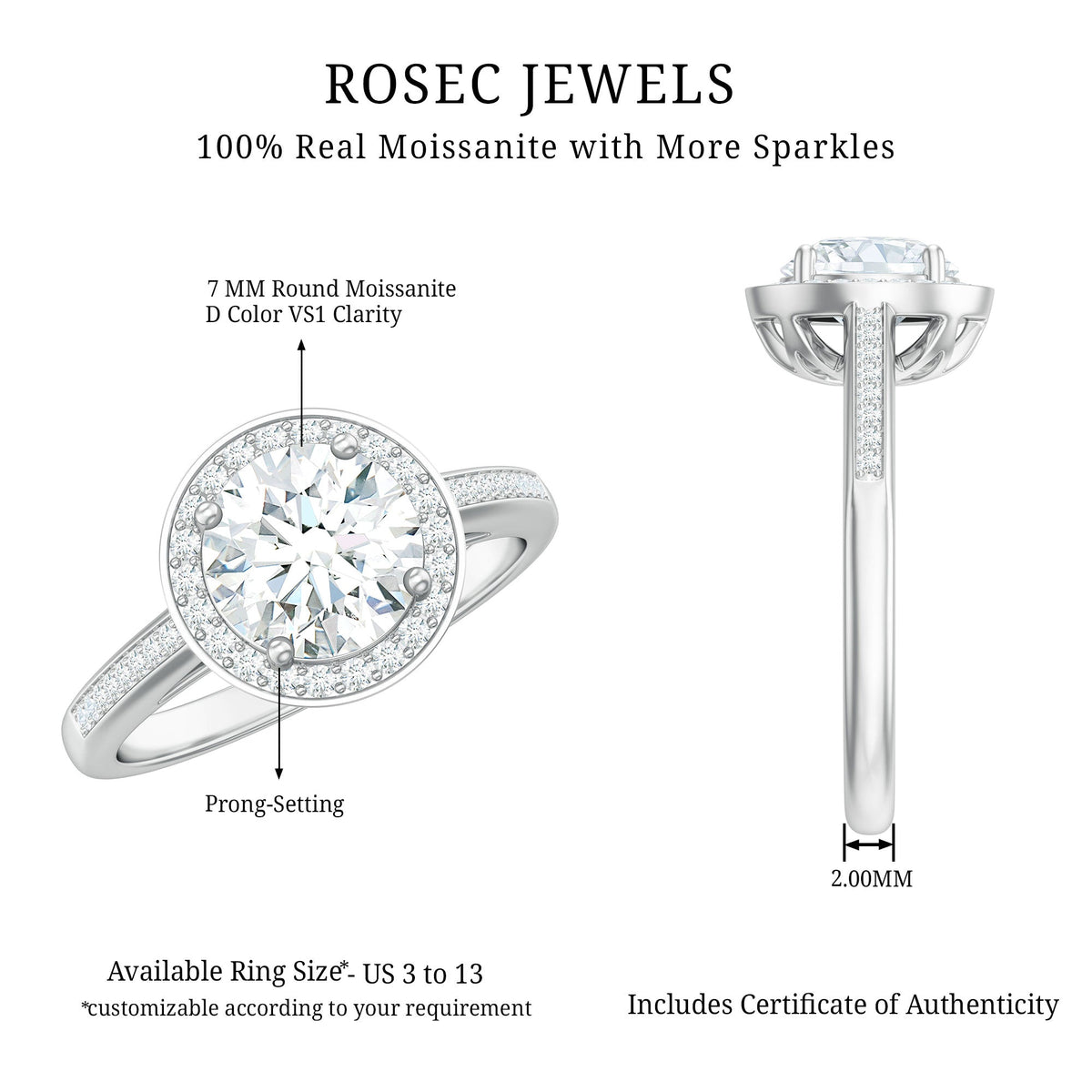 Anillo de compromiso de moissanita redonda con halo y certificado