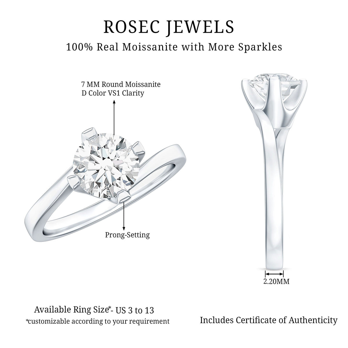 Certified Moissanite Solitaire Engagement Ring in Bypass Shank