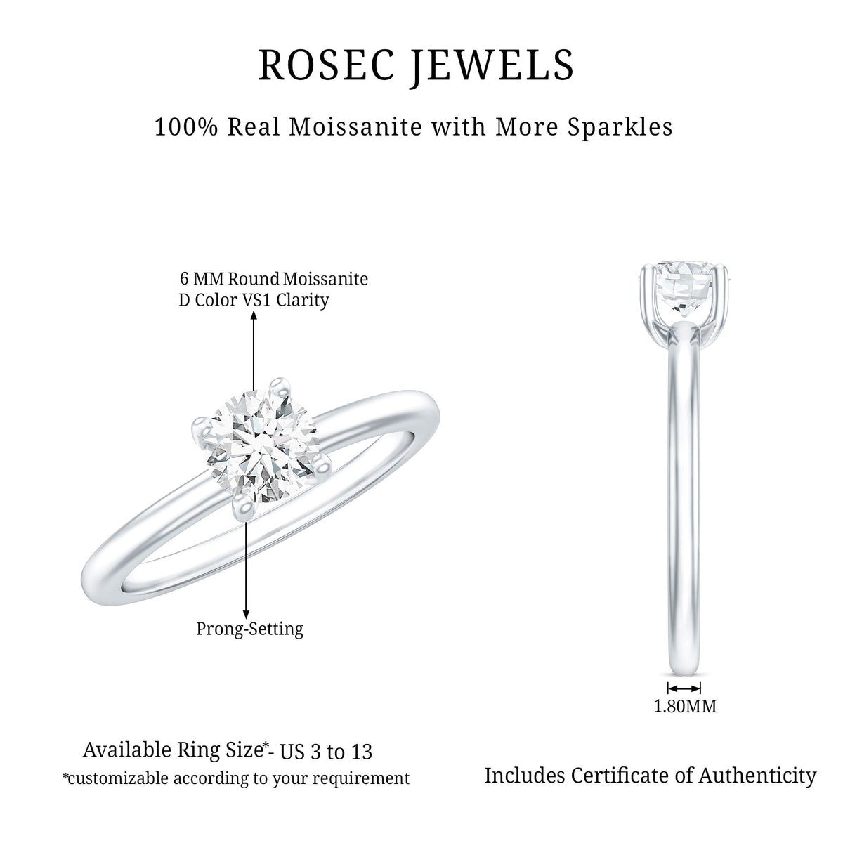Certified 0.9 Carat Moissanite Solitaire Promise Ring for Her