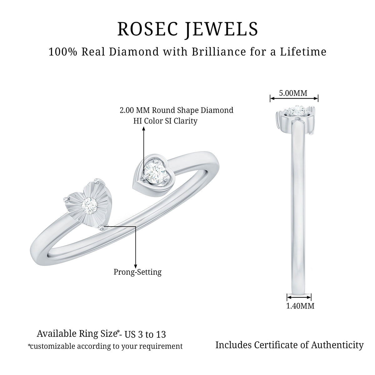 Anillo de Promesa de Corazón de Diamante Auténtico Certificado Estilo Brazalete