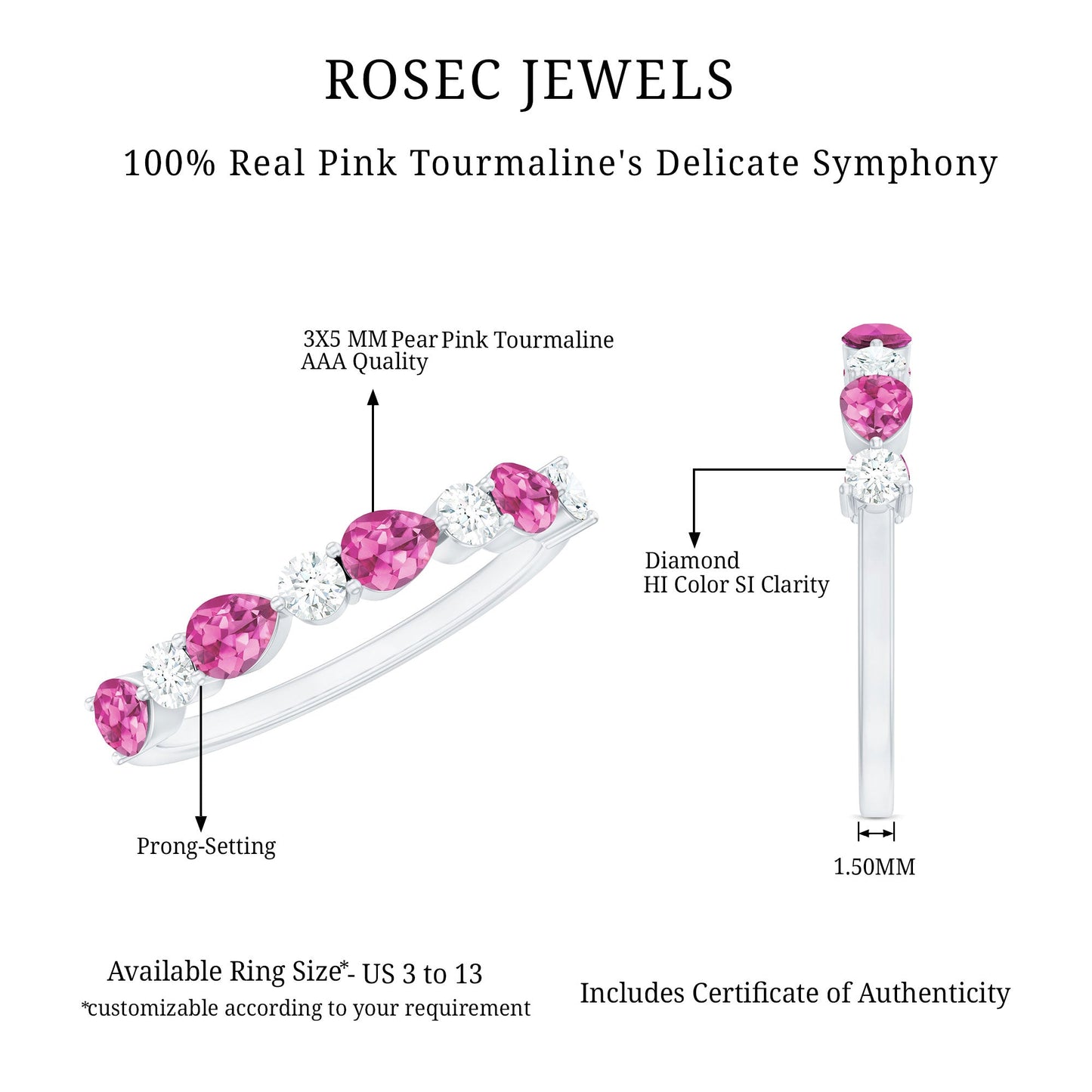 Anillo de boda para mujer con turmalina rosa natural y diamantes