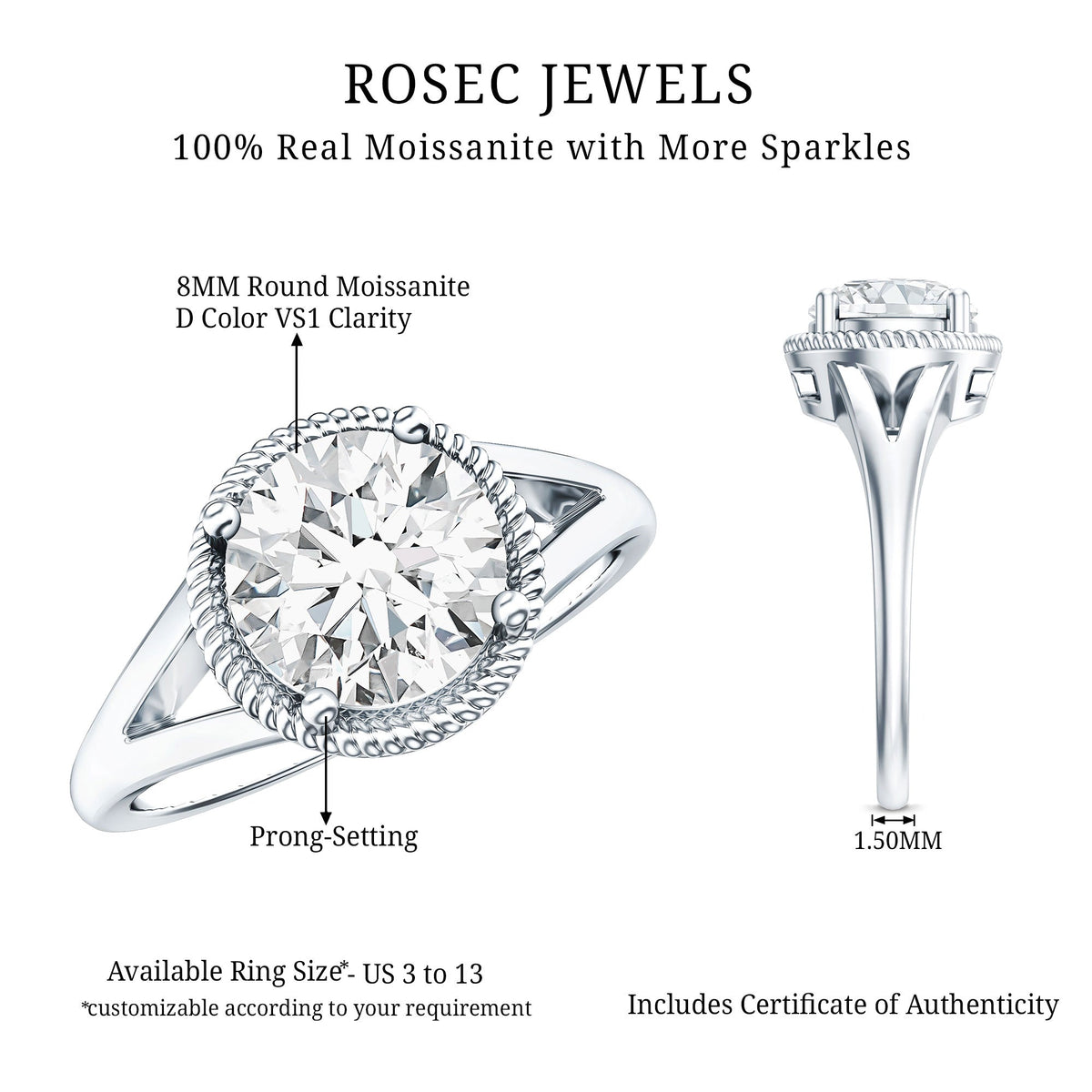 2 CT Round Moissanite Rope Band Engagement Ring