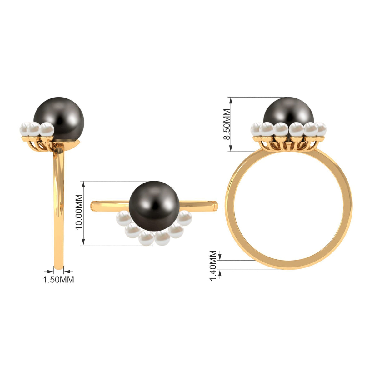 Anillo de compromiso de diseño de media aureola de perlas blancas y negras de 7,5 quilates