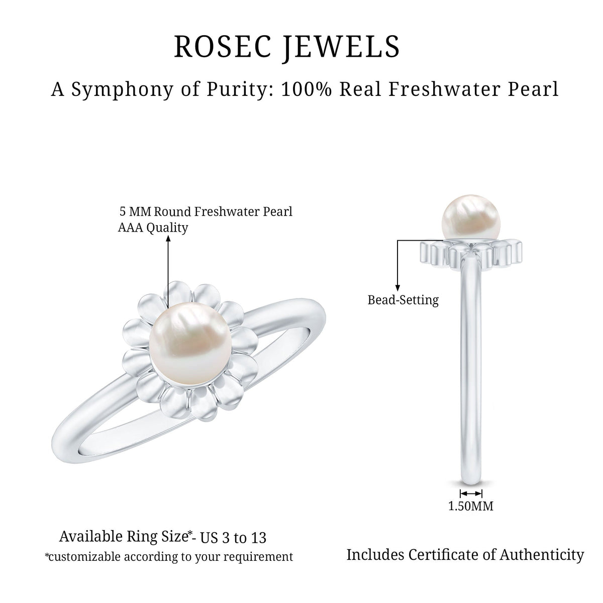 2 Carat Solitaire Freshwater Cultured Pearl Flower Ring