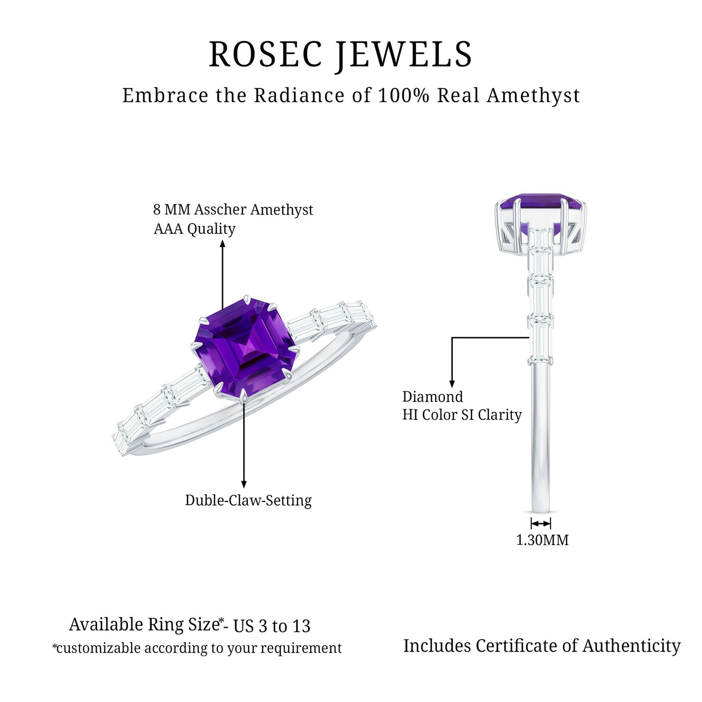 Anillo de compromiso de amatista de 3 quilates con corte Asscher y diamante