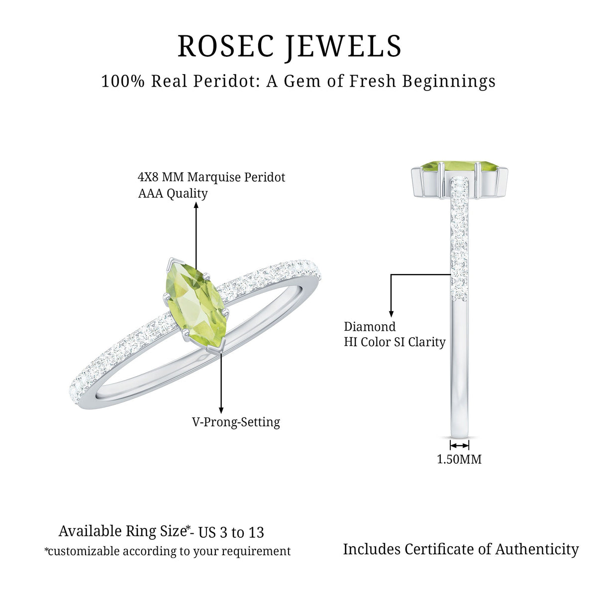 Anillo de promesa de peridoto marquesa de 0,7 quilates genuino con diamante