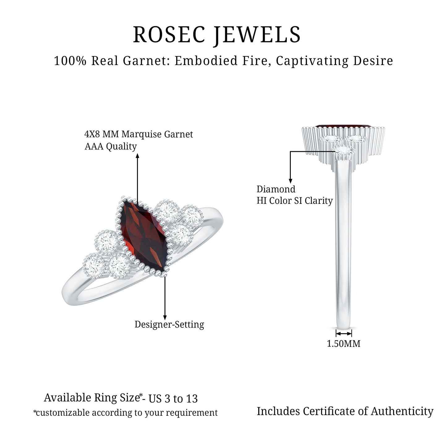 Anillo de compromiso de granate marquesa natural de 0,7 quilates con diamantes