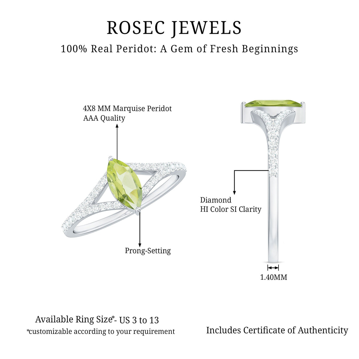 Anillo de promesa de peridoto natural de 0,7 quilates talla marquesa con diamante en el cuerpo del anillo dividido