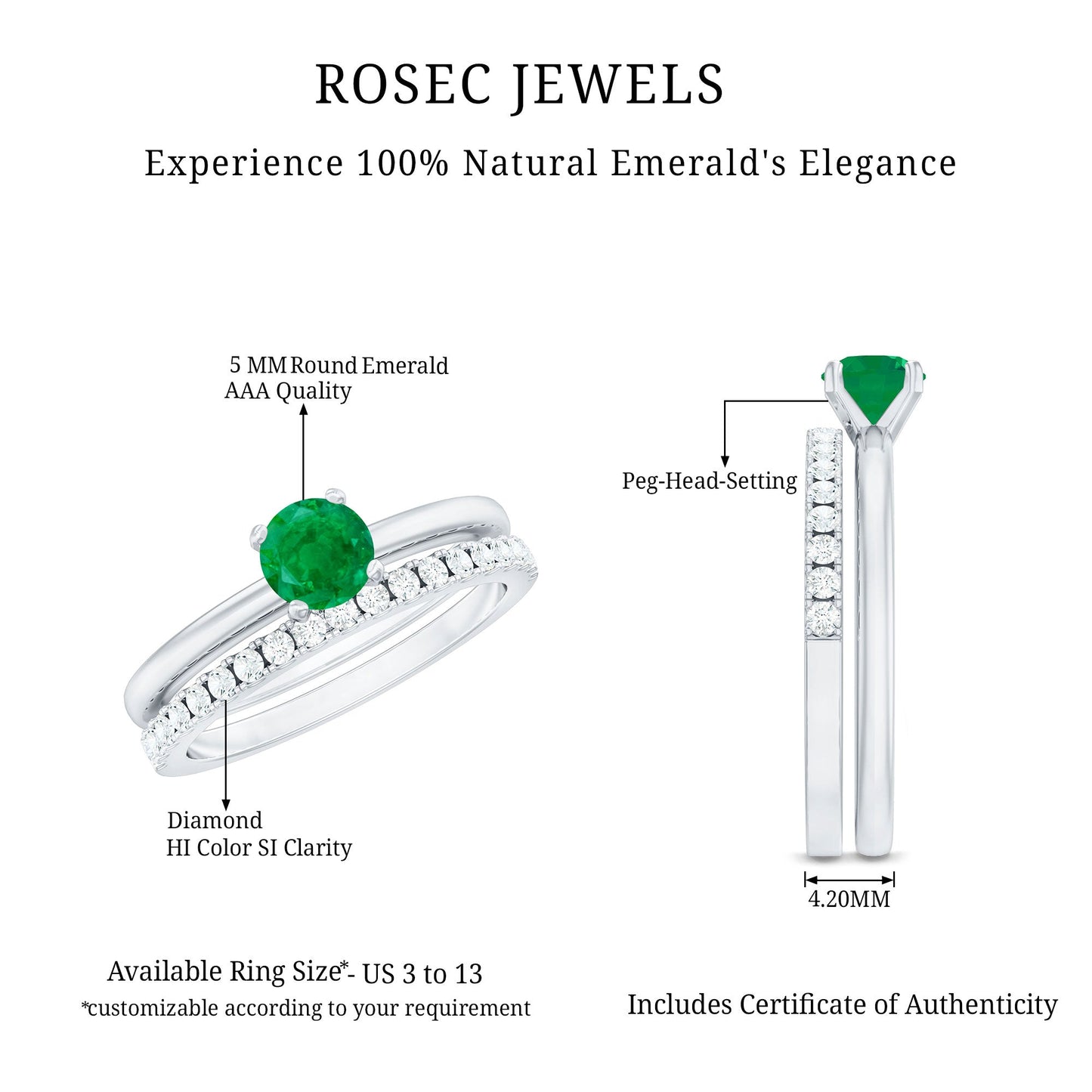Anillo de compromiso solitario de esmeralda auténtica certificada con realzador de diamantes