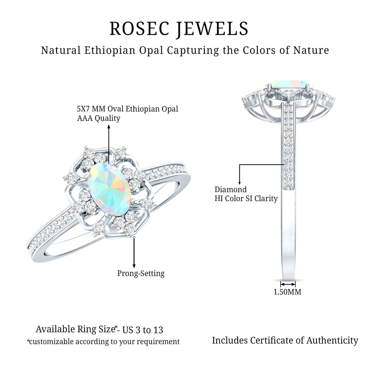 Anillo de compromiso de aspecto vintage de ópalo arcoíris etíope ovalado natural con diamantes