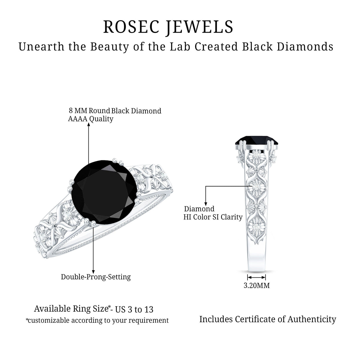 Anillo de compromiso inspirado en la naturaleza de diamantes blancos y negros cultivados en laboratorio de 2 quilates