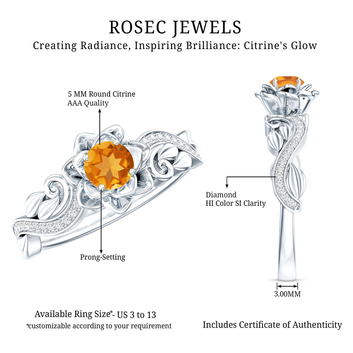 Nature Inspired Citrine Flower Engagement Ring with Diamond