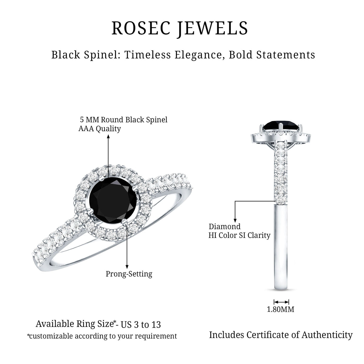 Minimal Black Spinel Minimal Engagement Ring with Diamond Halo