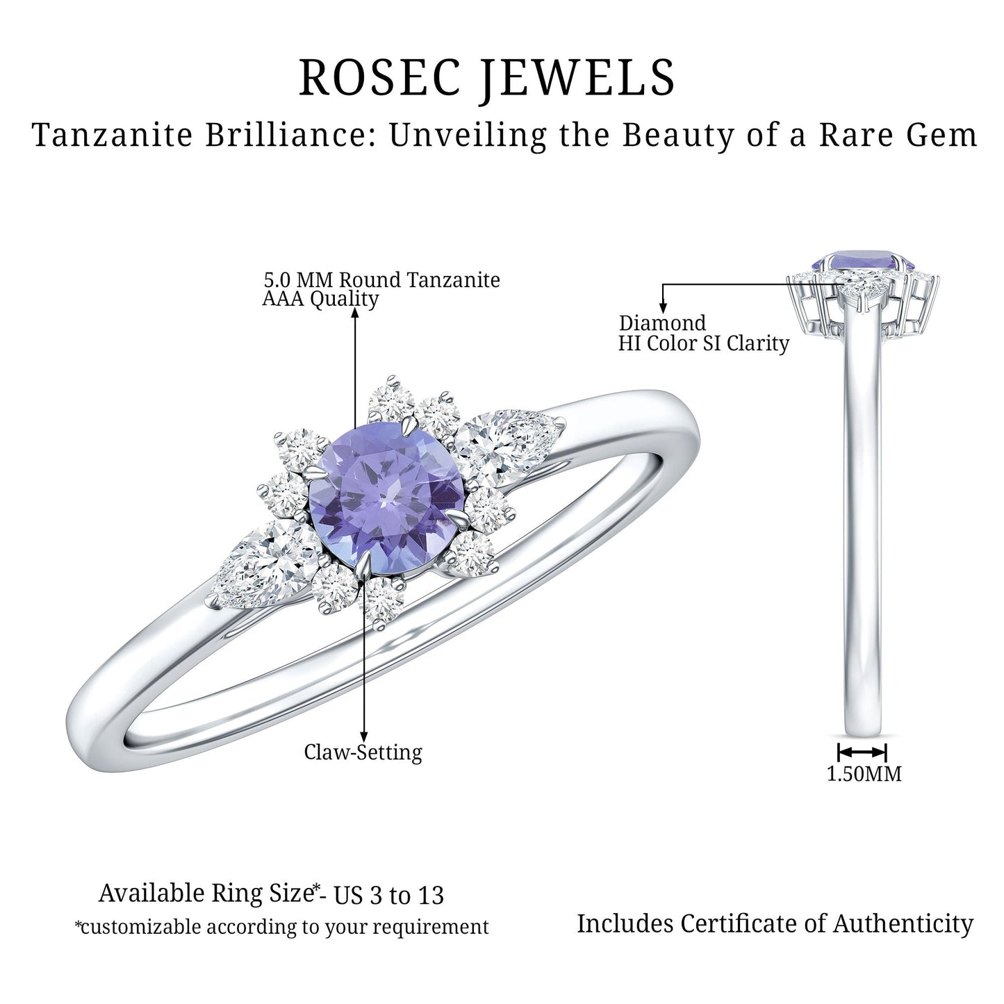 Anillo de promesa de tanzanita auténtica con diamante