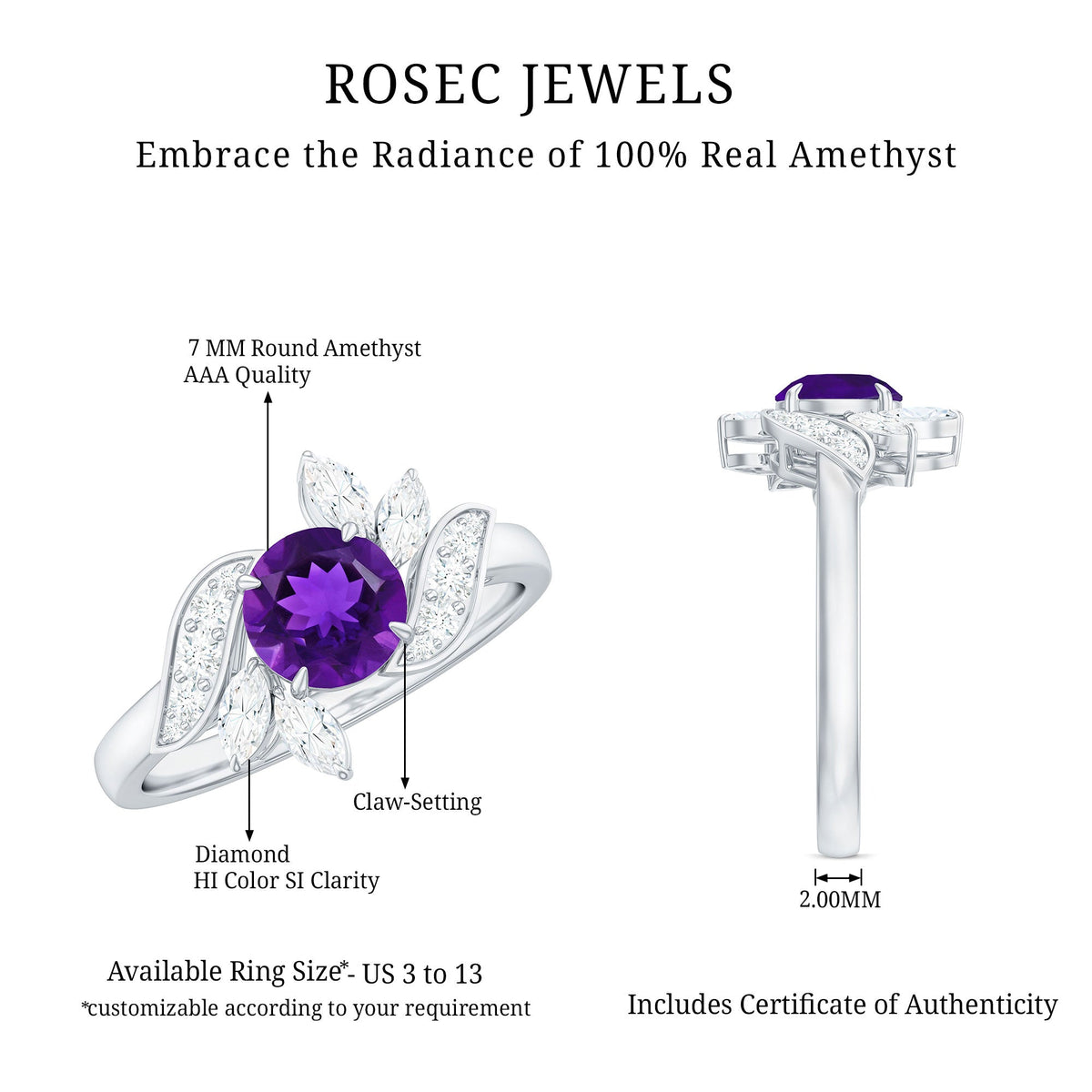 Anillo de compromiso de amatista de 1,2 quilates inspirado en la naturaleza con diamante