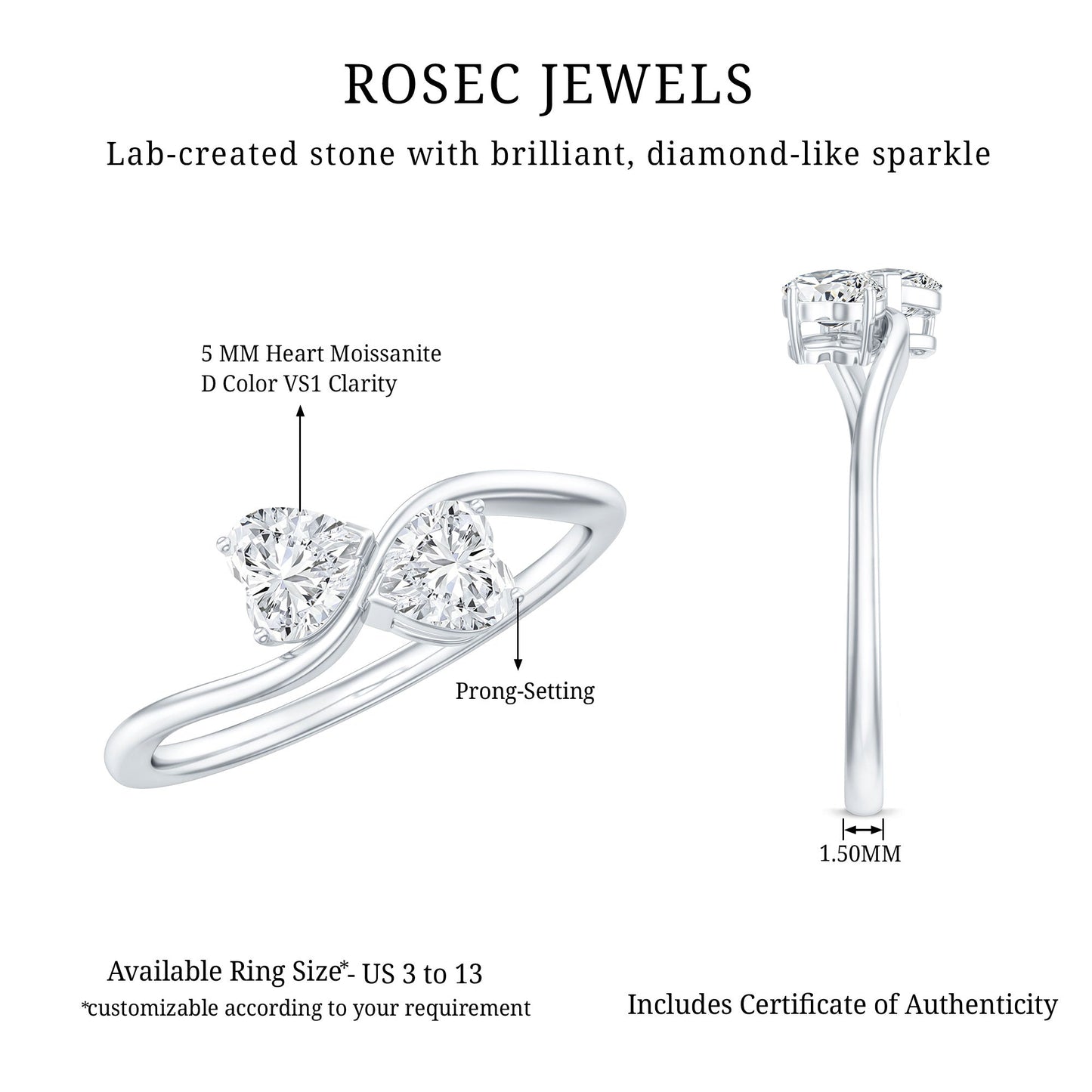 Heart Shape Moissanite Toi Et Moi Promise Ring