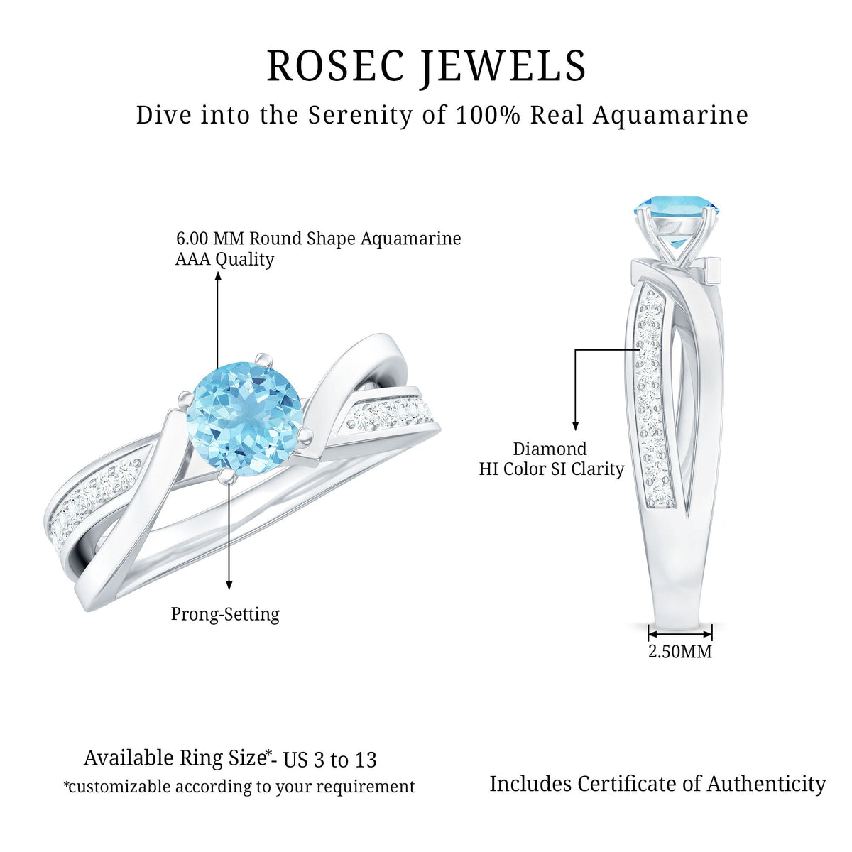 Anillo de compromiso infinito de aguamarina natural de 0,8 quilates y diamantes