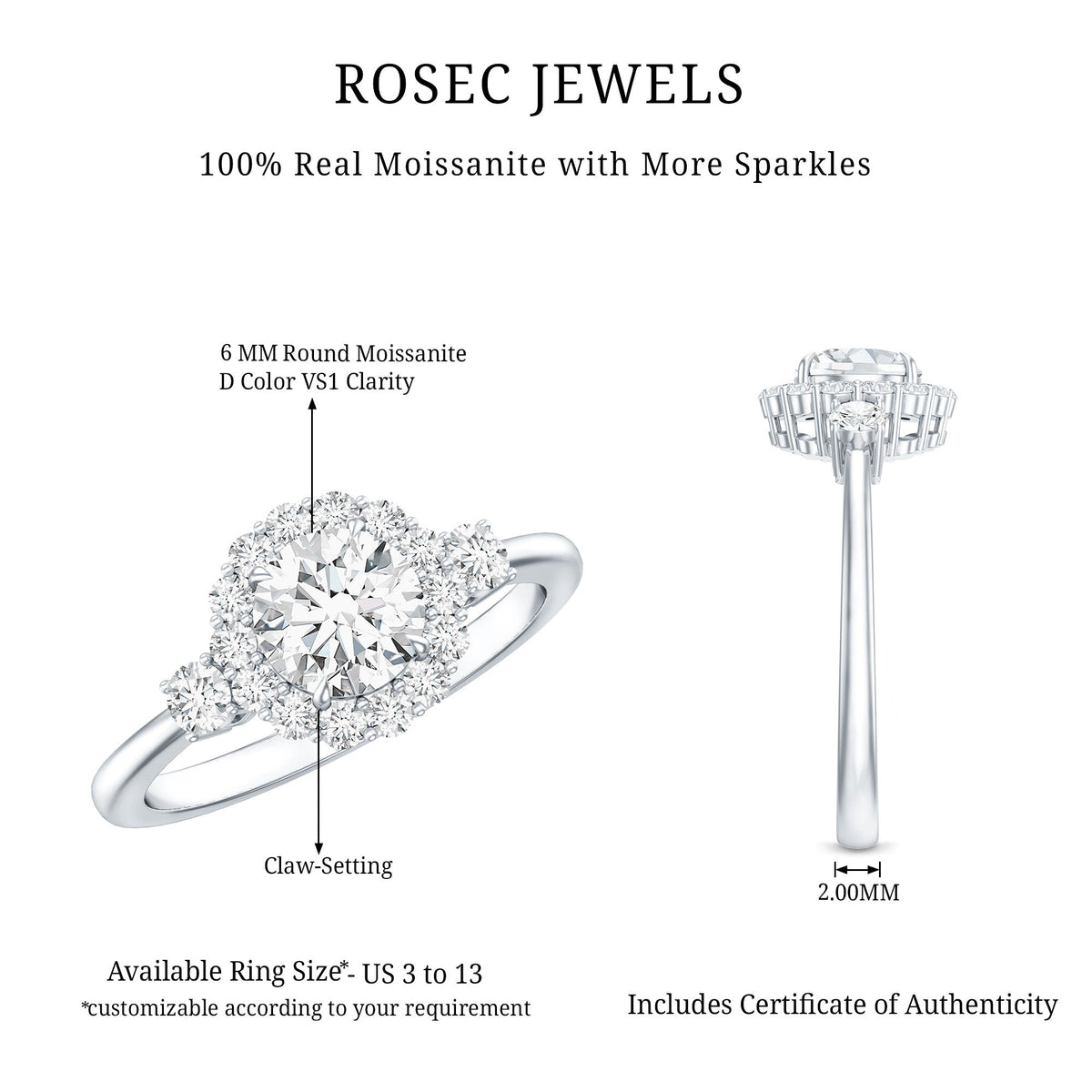 Round Cut Moissanite Halo Engagement Ring with Certificate