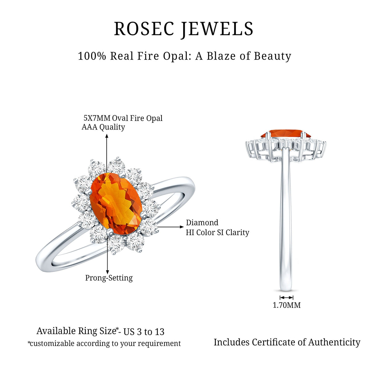 Anillo de compromiso de ópalo de fuego y diamantes inspirado en la Princesa Diana de 0,6 quilates