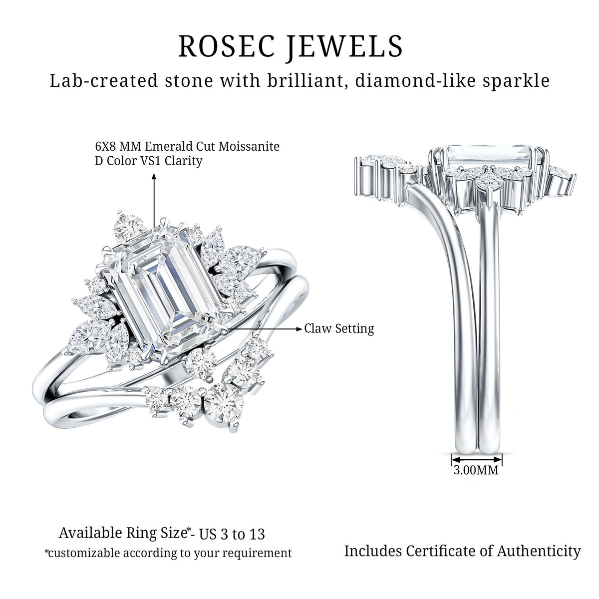 Designer Emerald Cut Moissanite Wedding Ring Set for Women