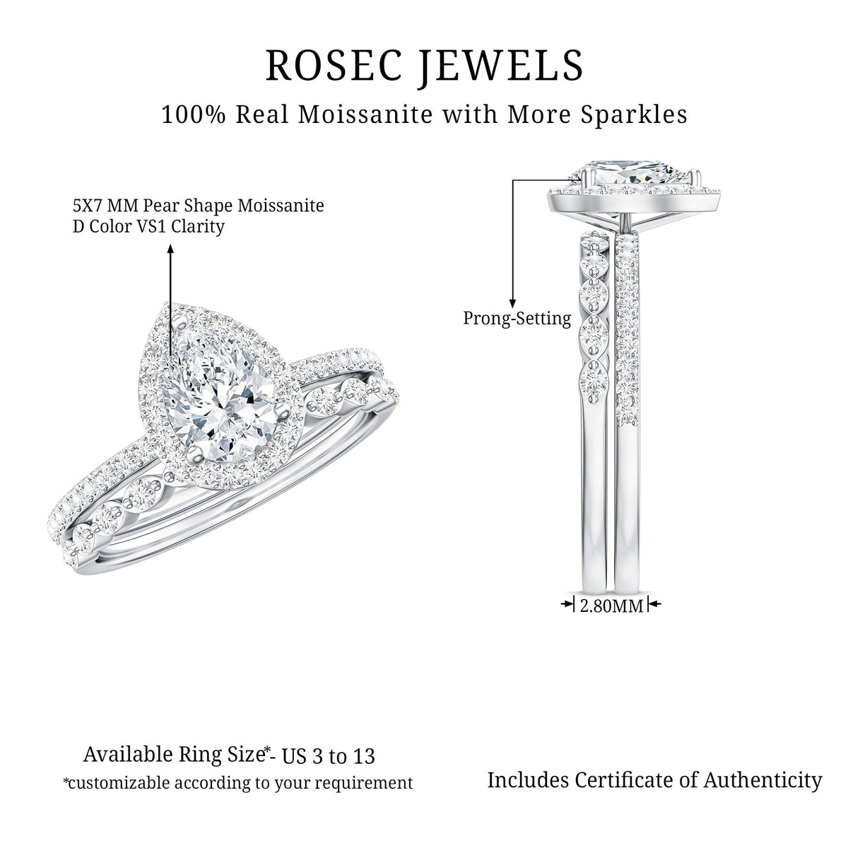0.7 Carat Moissanite Teardrop Wedding Ring Set with Halo