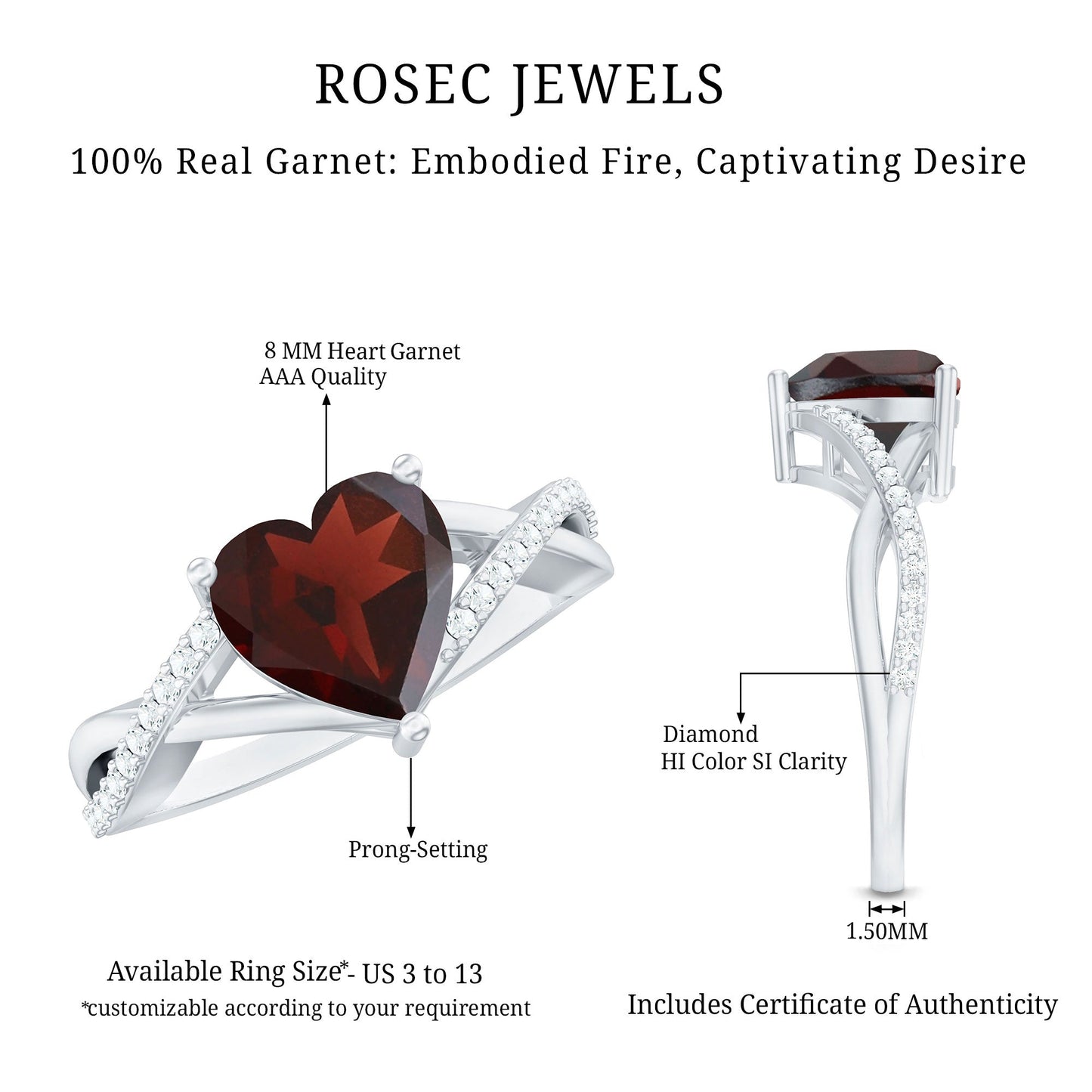 Anillo de compromiso de granate natural en forma de corazón con vástago cruzado de diamantes