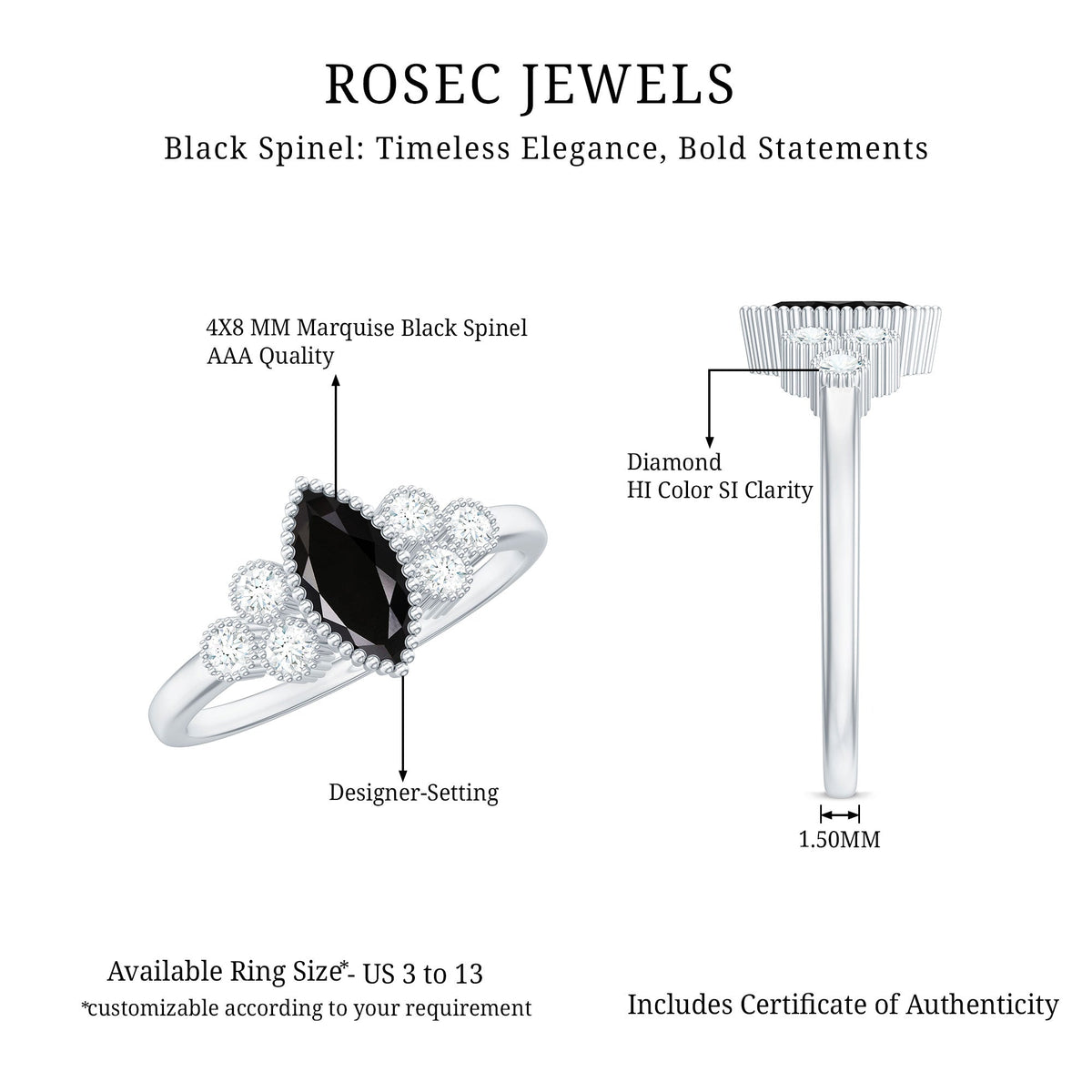 Anillo de compromiso de espinela negra marquesa natural con trío de diamantes