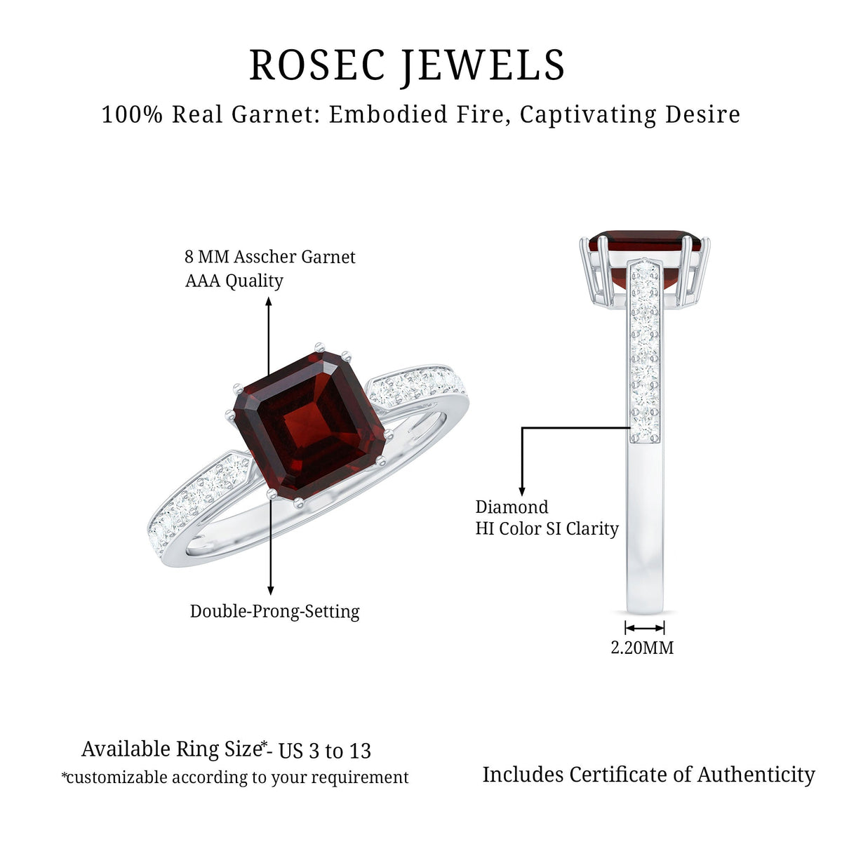 Anillo de compromiso de granate natural de 3,3 quilates con corte Asscher y diamante