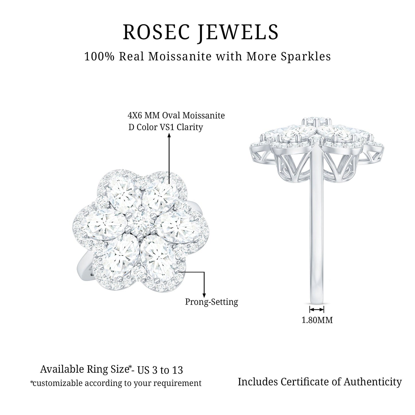 Anillo de compromiso de moissanita certificada con diseño floral grande