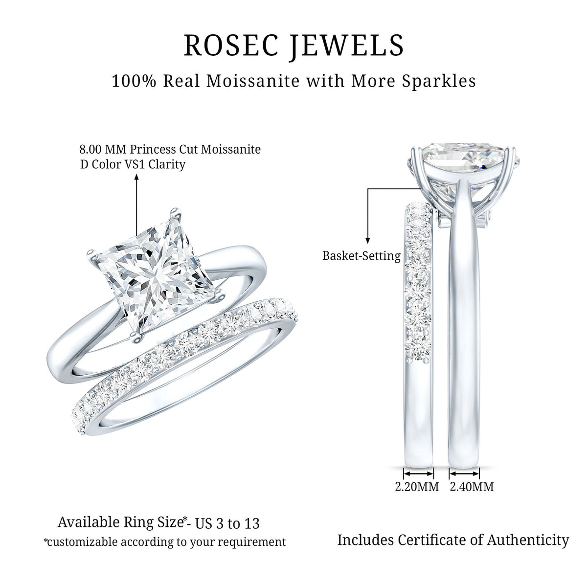 Anillo de compromiso de moissanita con corte princesa de 3 quilates certificado con banda de boda