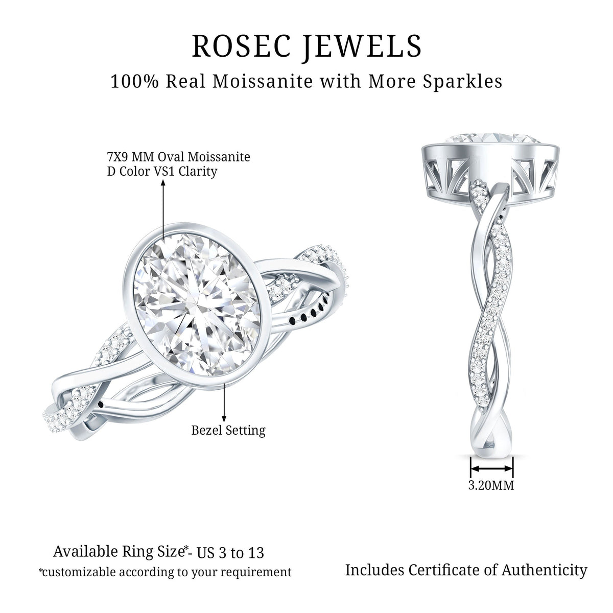 Brilliant Cut Moissanite Bezel Set Engagement Ring in Braided Shank