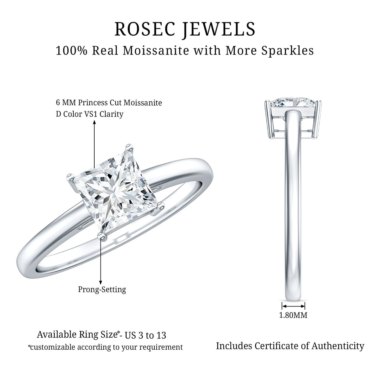 Anillo Solitario de Moissanita Corte Princesa de 1 CT para Mujer
