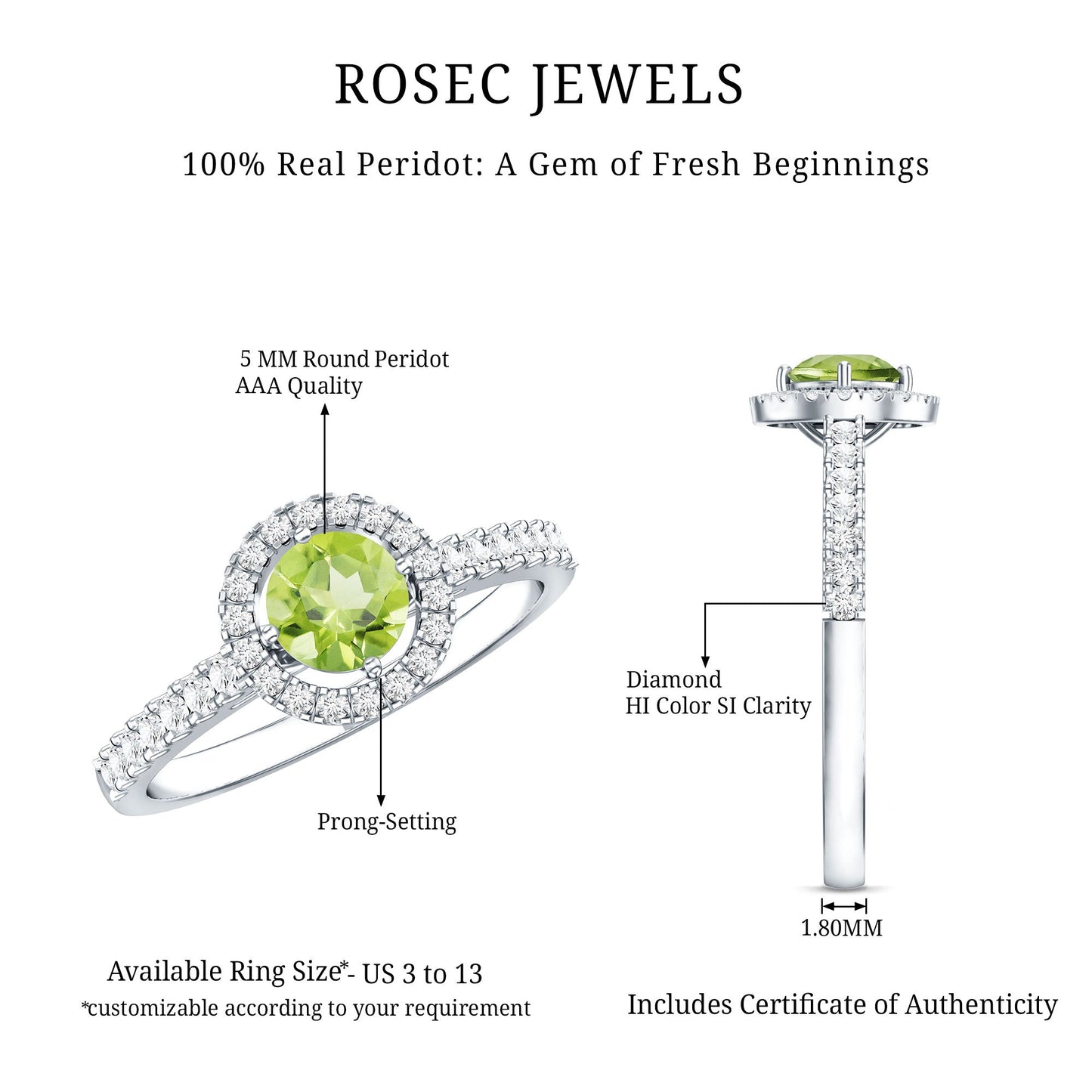 Anillo de compromiso genuino de peridoto de medio quilate con halo de diamantes