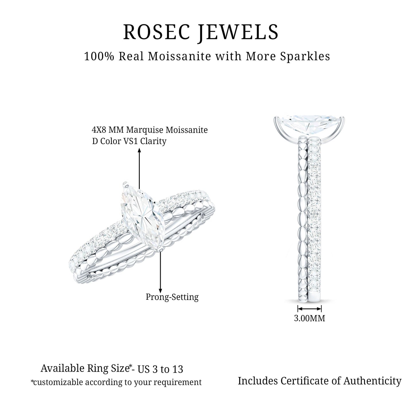Anillo de compromiso solitario de moissanita con corte marquesa