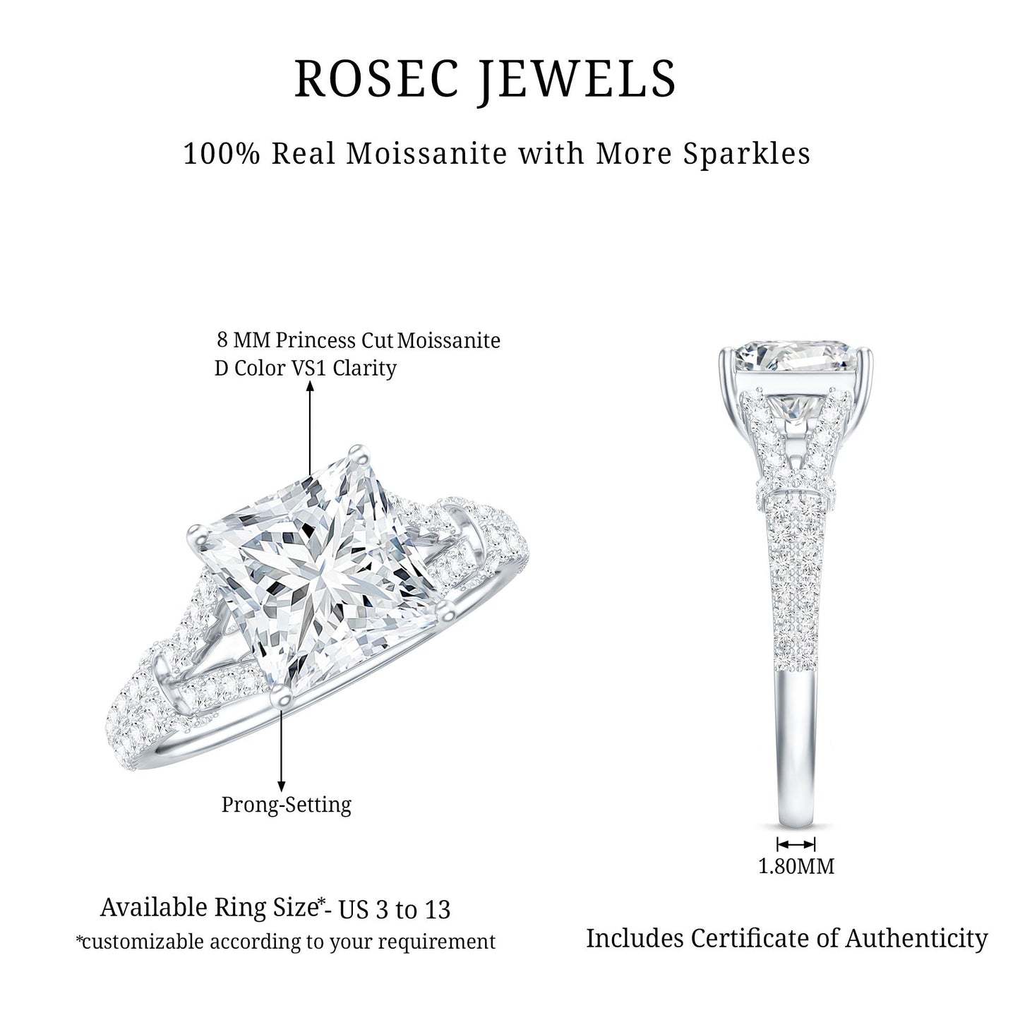 Anillo de compromiso solitario de moissanita de 3 quilates talla princesa con brazo dividido