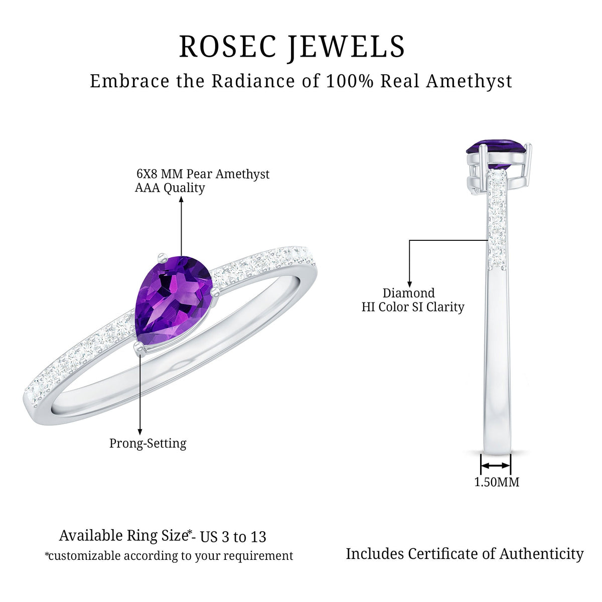 Anillo de compromiso de amatista natural de 1 quilate con forma de pera y diamante