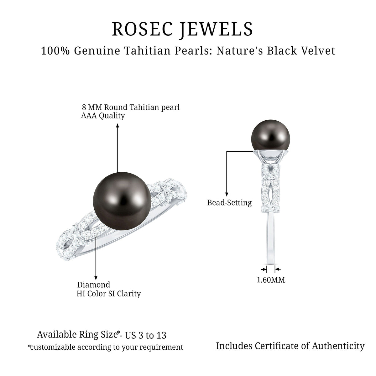 Anillo de compromiso de perla negra auténtica y diamantes de 7,5 quilates